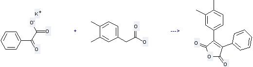 Benzeneacetic acid, 3, 4-dimethyl- can react with Potassium benzoyl formate to get 3-(3, 4-Dimethyl-phenyl)-4-phenyl-furan-2, 5-dione.